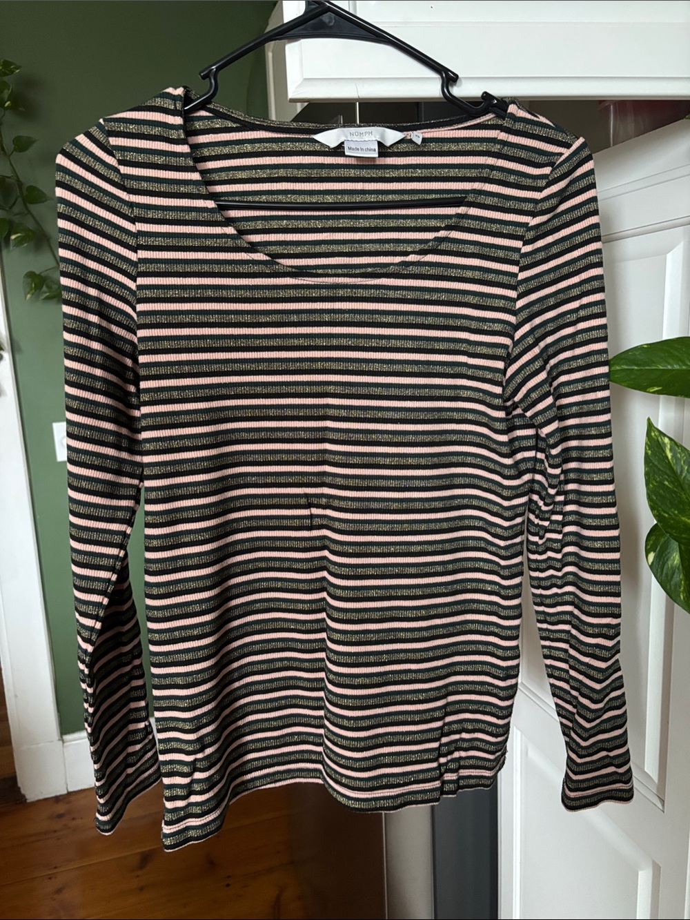 Anthropologie by Nümph Black and Pink Striped Long Sleeve Tee with Gold Stripes